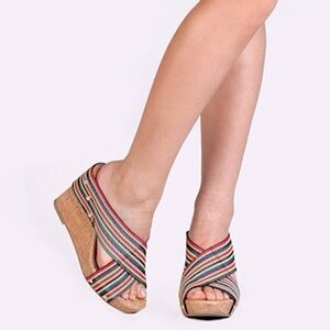 Madden Girl Nautic Bright Multi Striped Wedge Sandals womens size 8.5